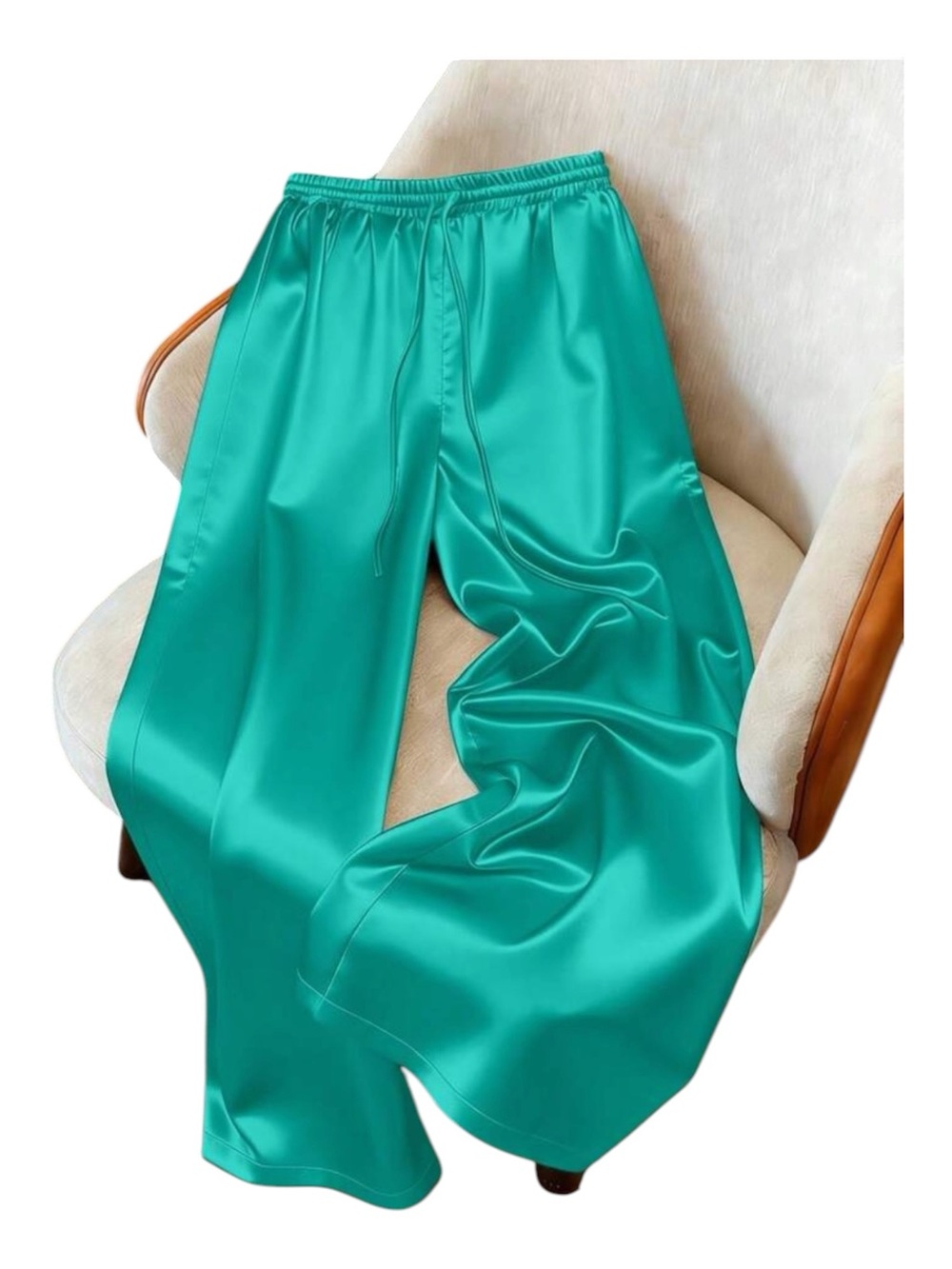 Teal Wide-Leg Satin Lounge Pants with Elastic Drawstring